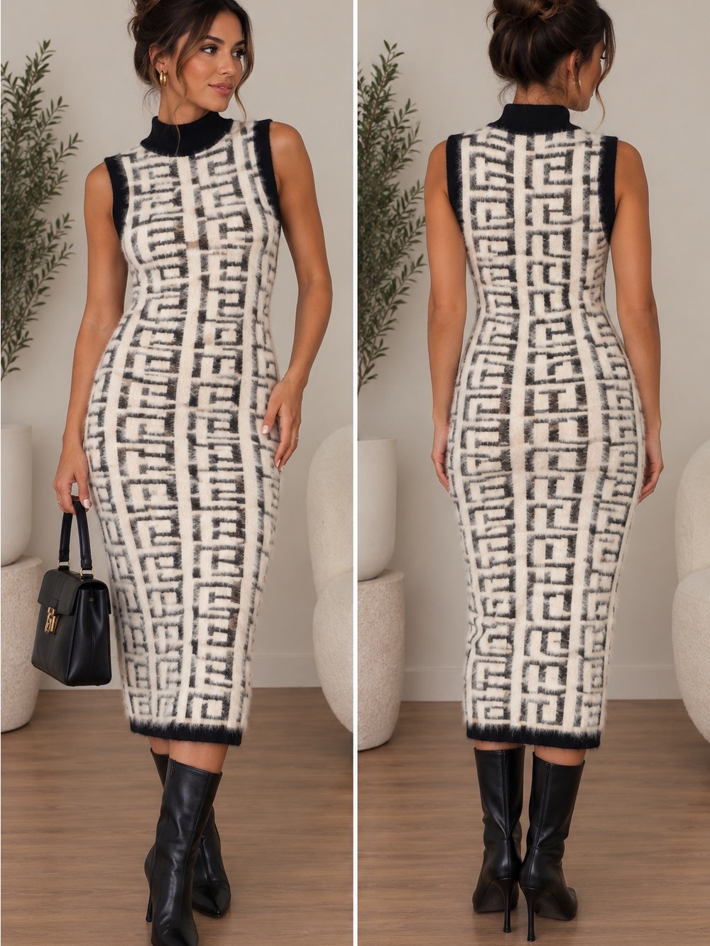 Quiet Luxury Geometric Fuzzy Knit Midi Dress Trendy Threads